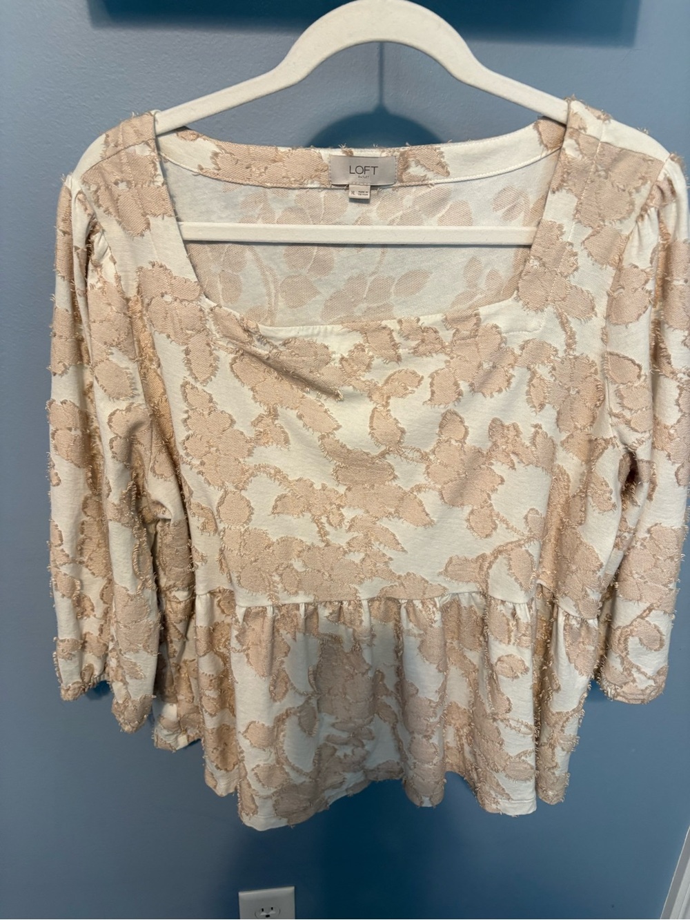 LOFT Cream and Beige Floral Texture Peplum Top